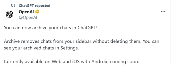 ChatGPT新增聊天存档功能，可构建自己的聊天数据库